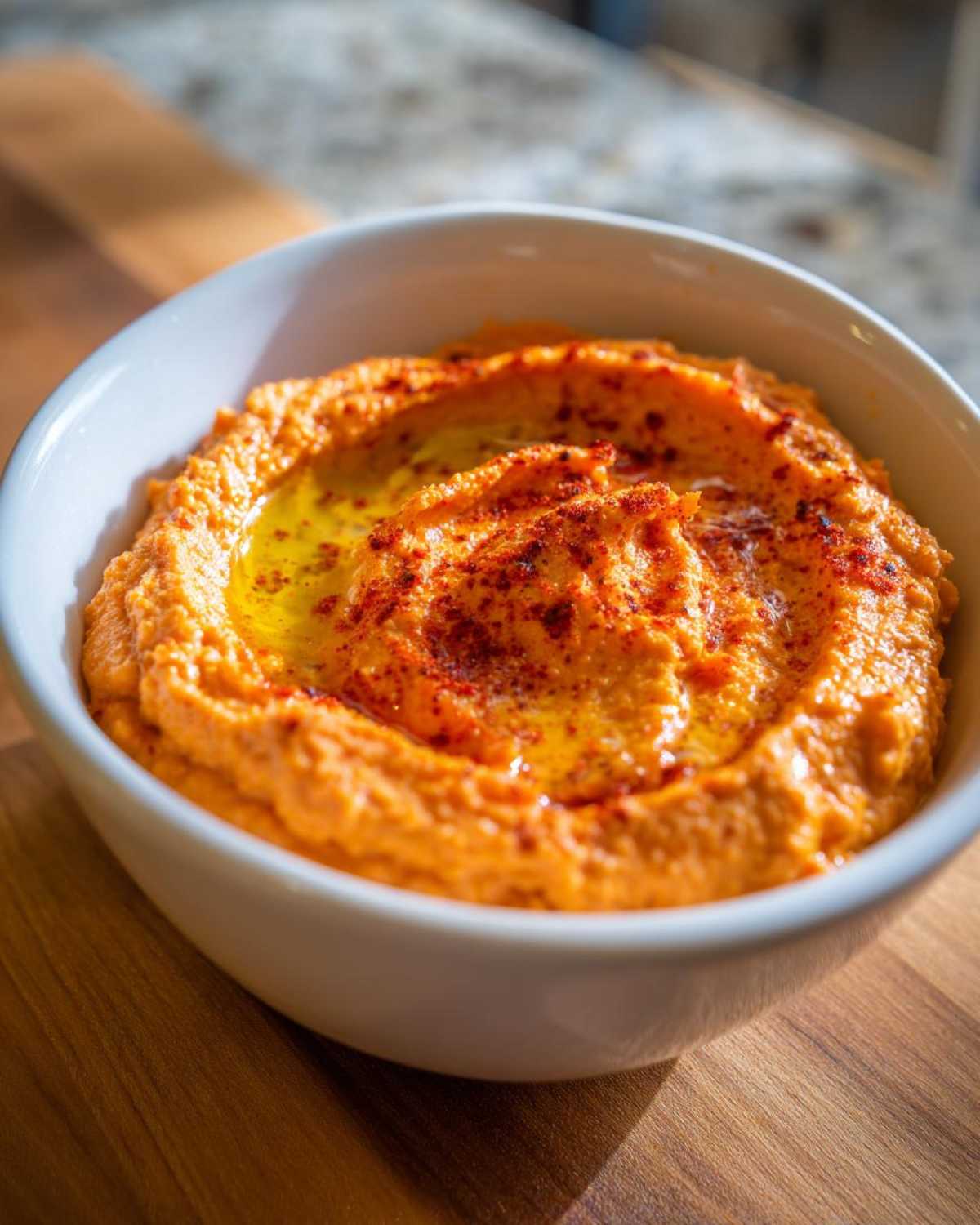 Close-up of creamy Roasted Red Pepper Hummus drizzled with olive oil and sprinkled with paprika in a white bowl.