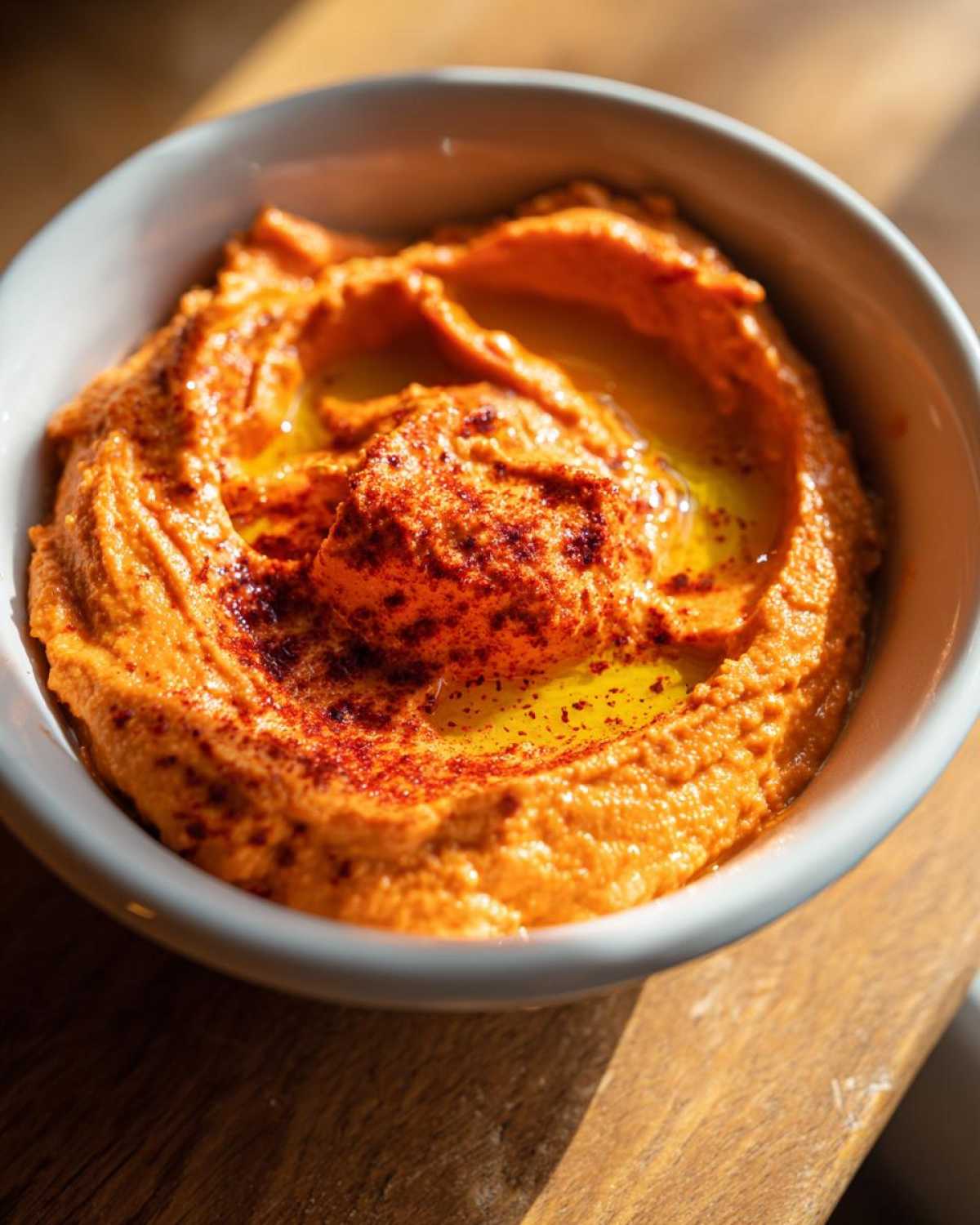 Close-up of vibrant orange Roasted Red Pepper Hummus, swirled and drizzled with olive oil and sprinkled with paprika.