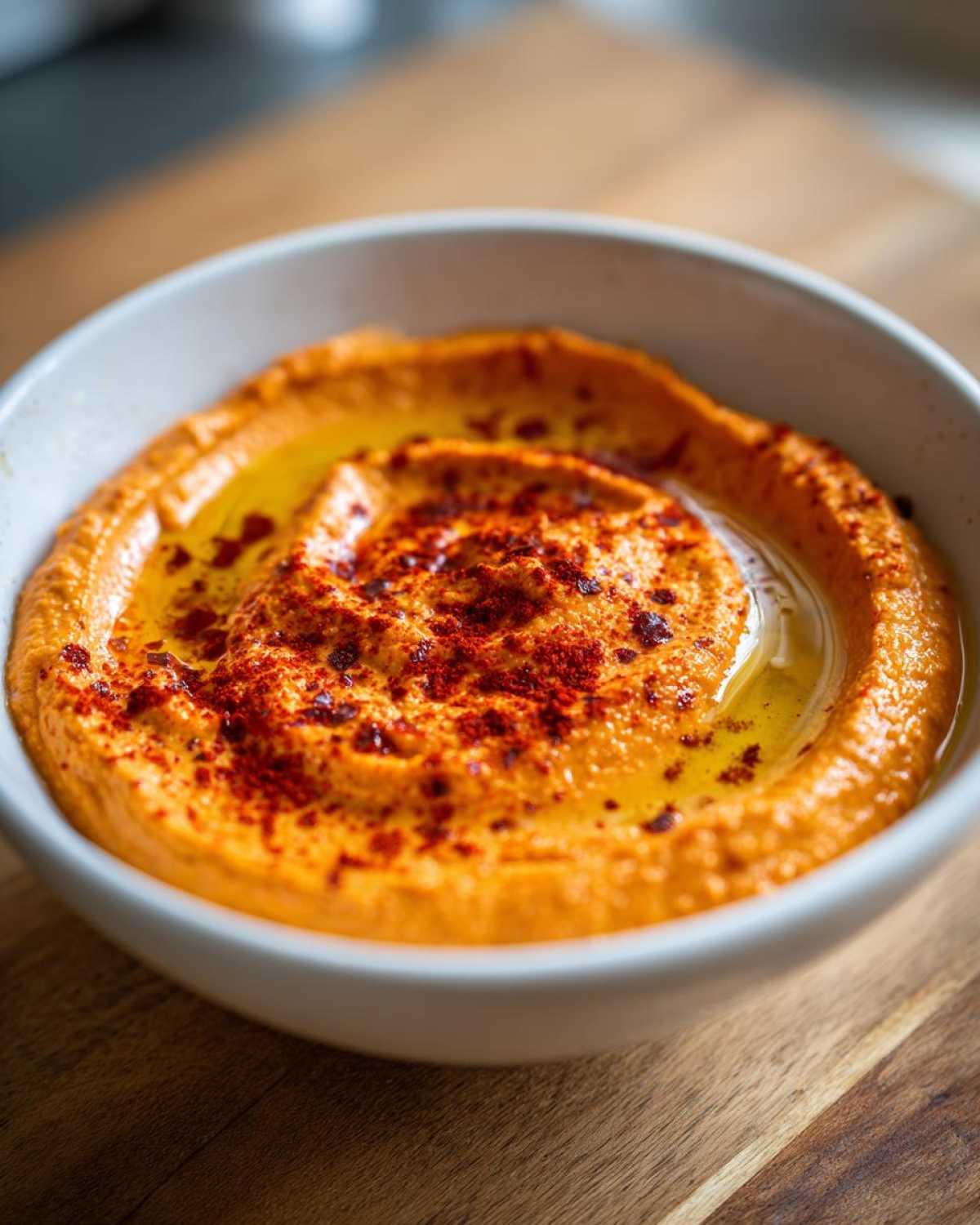 Close-up of creamy Roasted Red Pepper Hummus drizzled with olive oil and sprinkled with paprika.