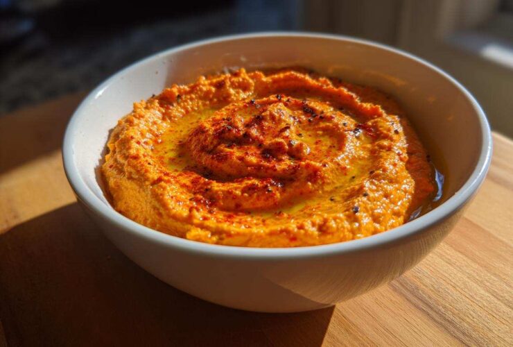 A close-up of creamy Roasted Red Pepper Hummus swirled with olive oil and sprinkled with paprika in a white bowl.