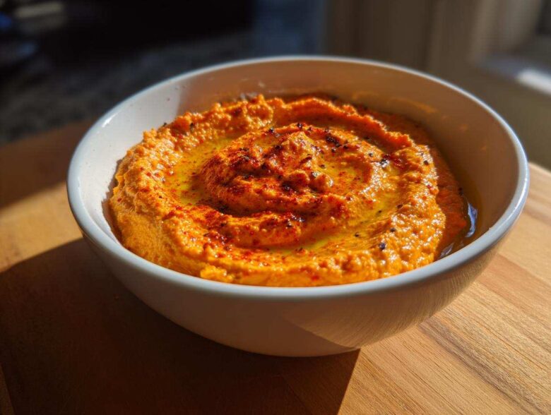A close-up of creamy Roasted Red Pepper Hummus swirled with olive oil and sprinkled with paprika in a white bowl.