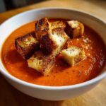 A white bowl filled with vibrant Roasted Tomato Basil Soup topped with golden Grilled Cheese Croutons.