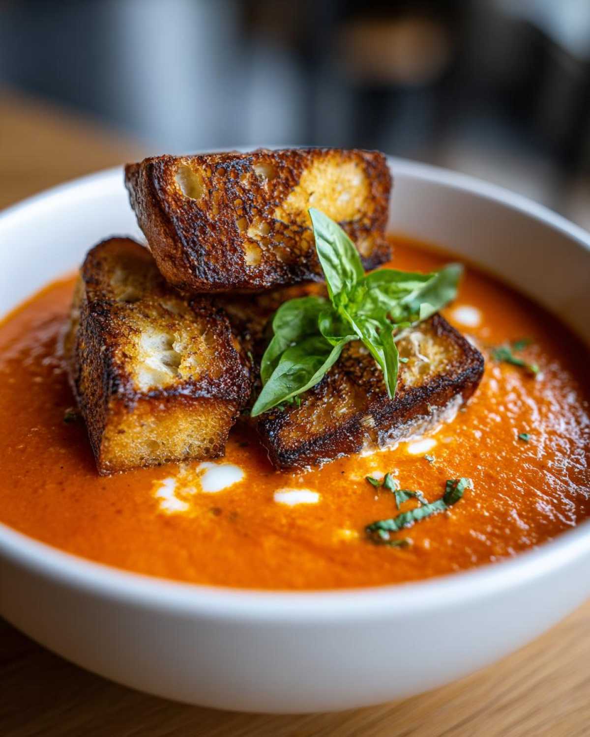 A bowl of vibrant Roasted Tomato Basil Soup topped with golden Grilled Cheese Croutons and fresh basil leaves.