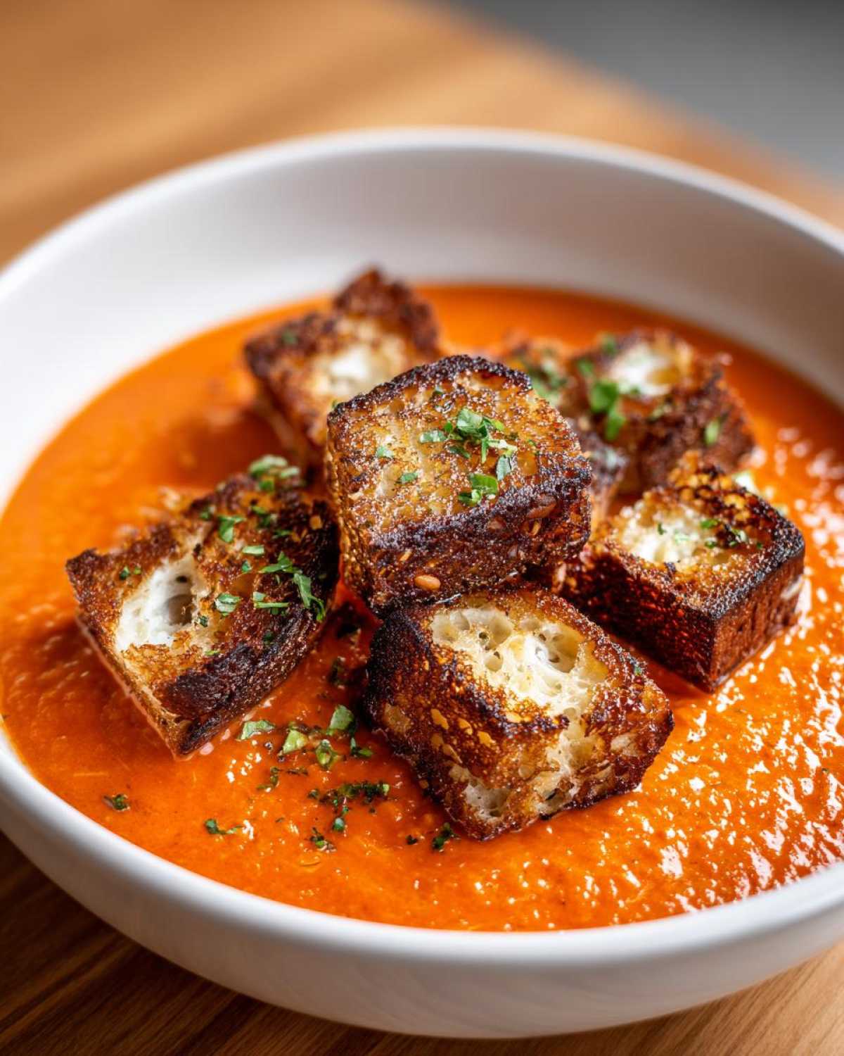 Close-up of vibrant Roasted Tomato Basil Soup topped with crispy Grilled Cheese Croutons.
