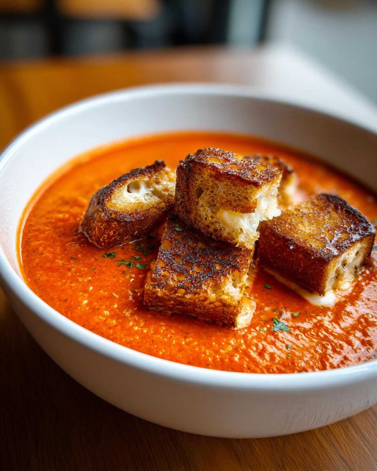 A close-up of vibrant Roasted Tomato Basil Soup topped with golden, cheesy Grilled Cheese Croutons.