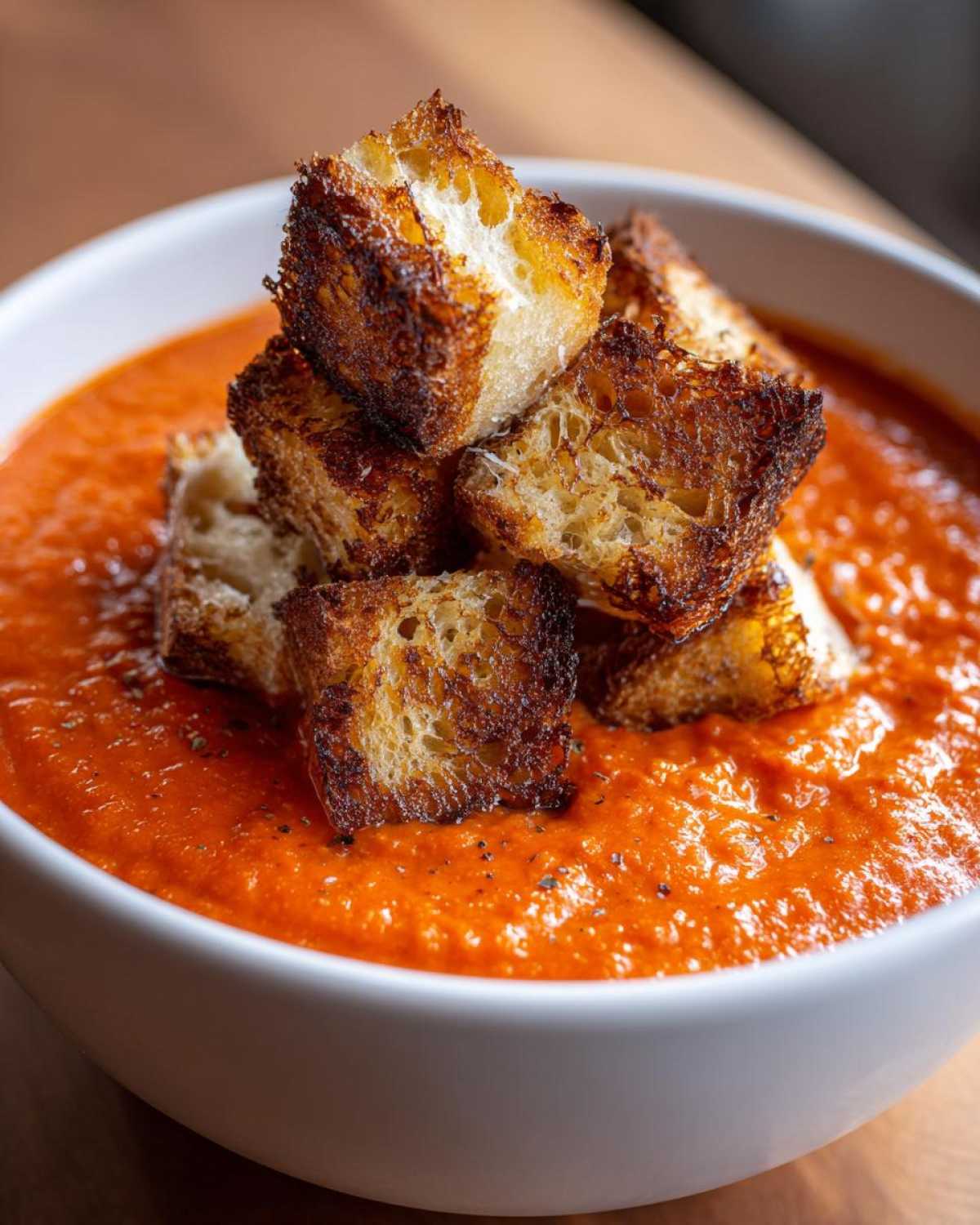 Close-up of vibrant Roasted Tomato Basil Soup topped with golden Grilled Cheese Croutons.