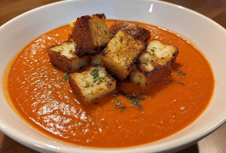 A bowl of vibrant orange Roasted Tomato Basil Soup topped with golden brown Grilled Cheese Croutons and dried herbs.