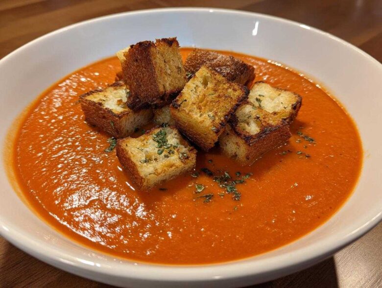 A bowl of vibrant orange Roasted Tomato Basil Soup topped with golden brown Grilled Cheese Croutons and dried herbs.