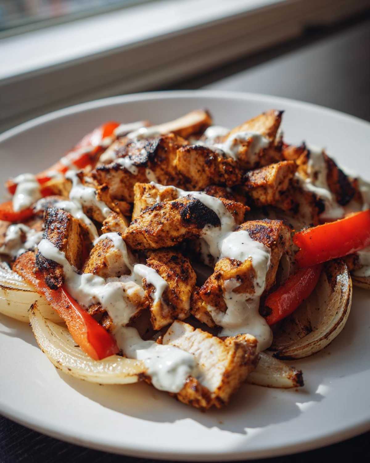 Close-up of seasoned Sheet Pan Chicken Shawarma pieces topped with creamy garlic yogurt sauce.