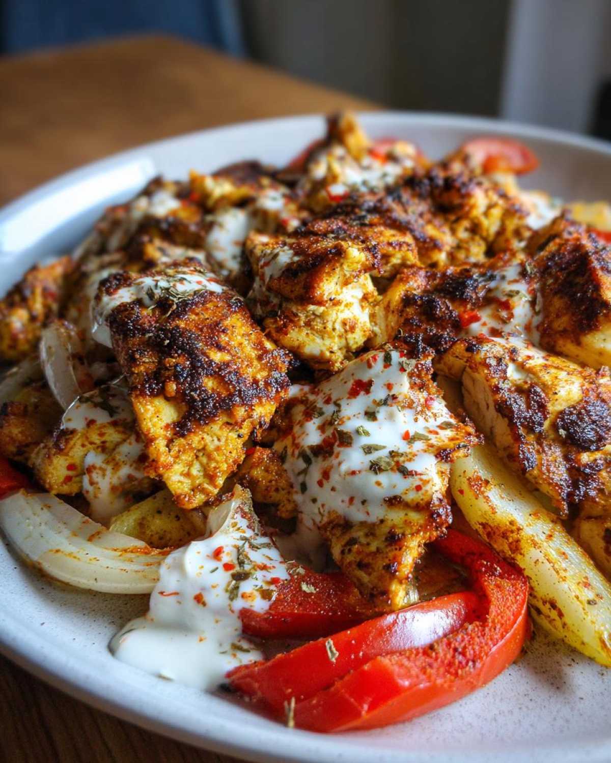Close-up of seasoned Sheet Pan Chicken Shawarma pieces topped with creamy garlic yogurt sauce and herbs.