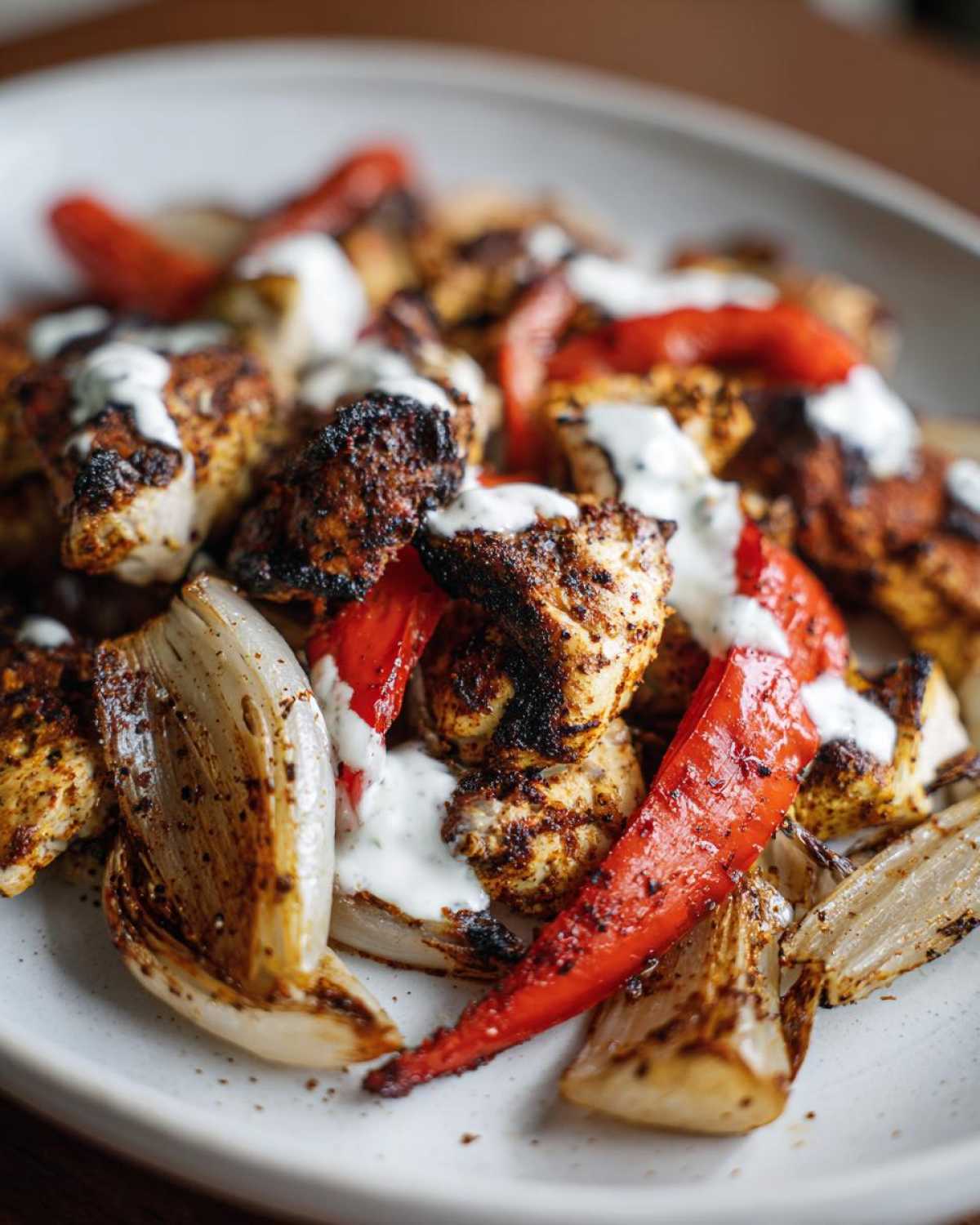 Close-up of Sheet Pan Chicken Shawarma pieces, roasted onions, and red peppers drizzled with garlic yogurt sauce.