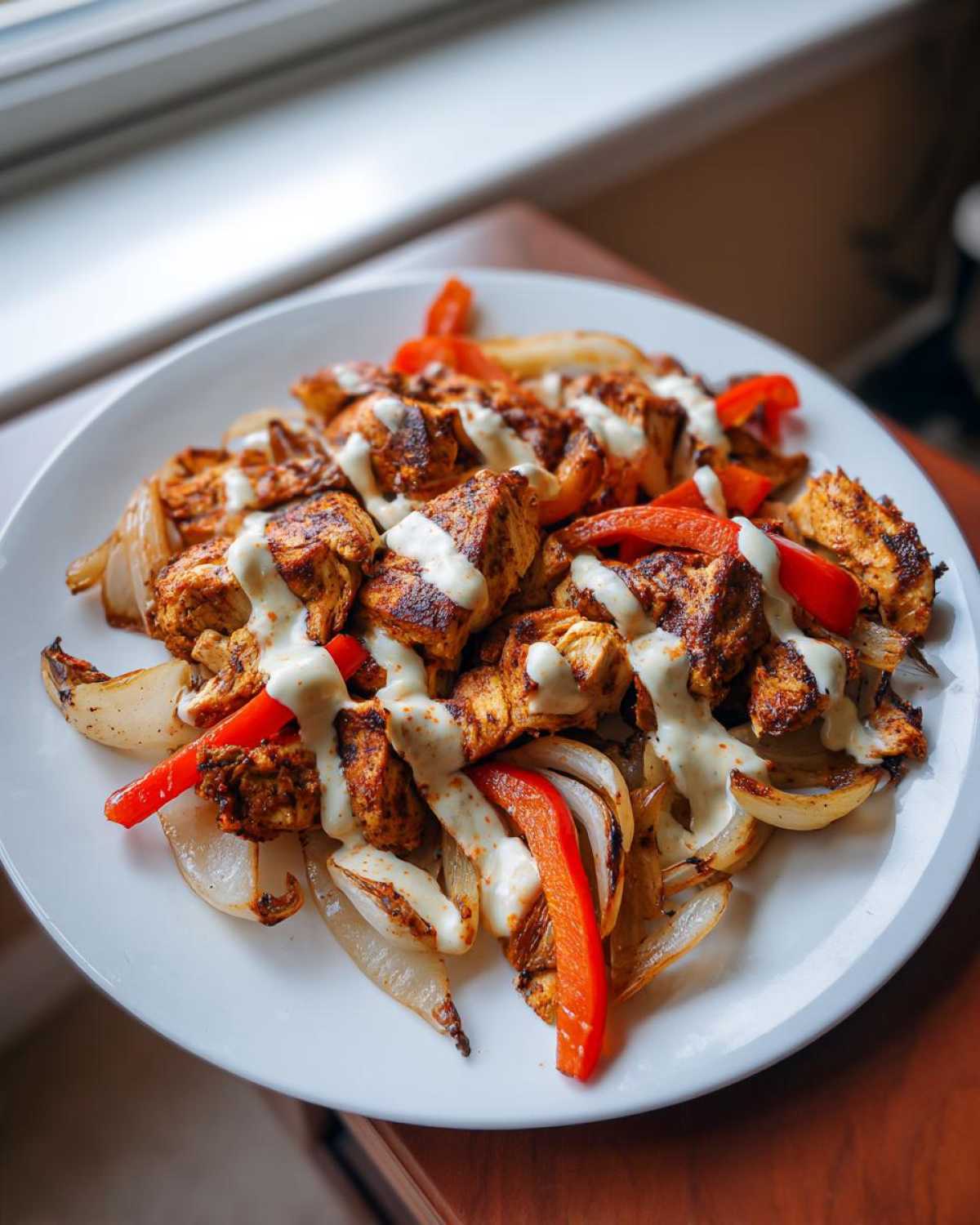Plate of Sheet Pan Chicken Shawarma pieces served over roasted onions and red peppers, drizzled with garlic yogurt sauce.