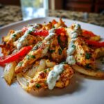 Close-up of Sheet Pan Chicken Shawarma strips served with roasted onions and peppers, topped with garlic yogurt sauce.