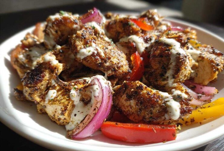 Close-up of seasoned Sheet Pan Chicken Shawarma pieces drizzled with garlic yogurt sauce and served with red onion and bell peppers.