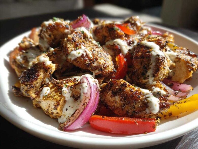 Close-up of seasoned Sheet Pan Chicken Shawarma pieces drizzled with garlic yogurt sauce and served with red onion and bell peppers.