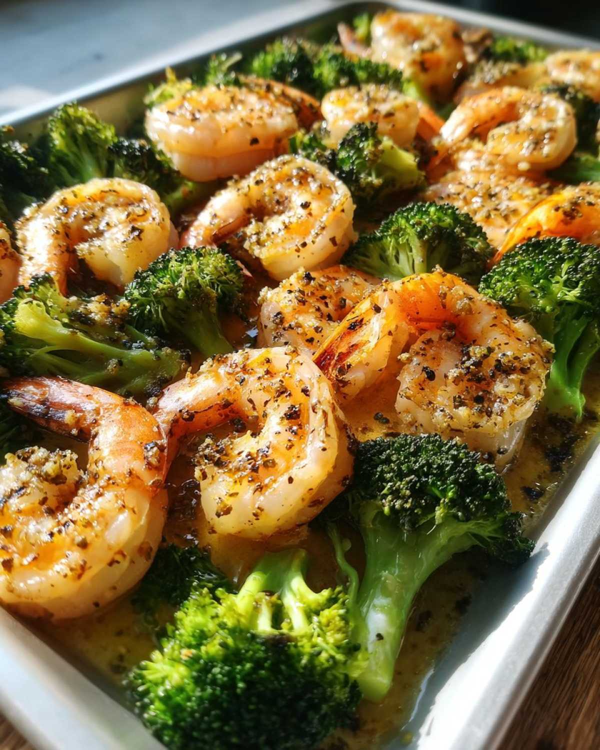 Close-up of cooked shrimp and bright green broccoli florets coated in garlic butter sauce on a sheet pan.