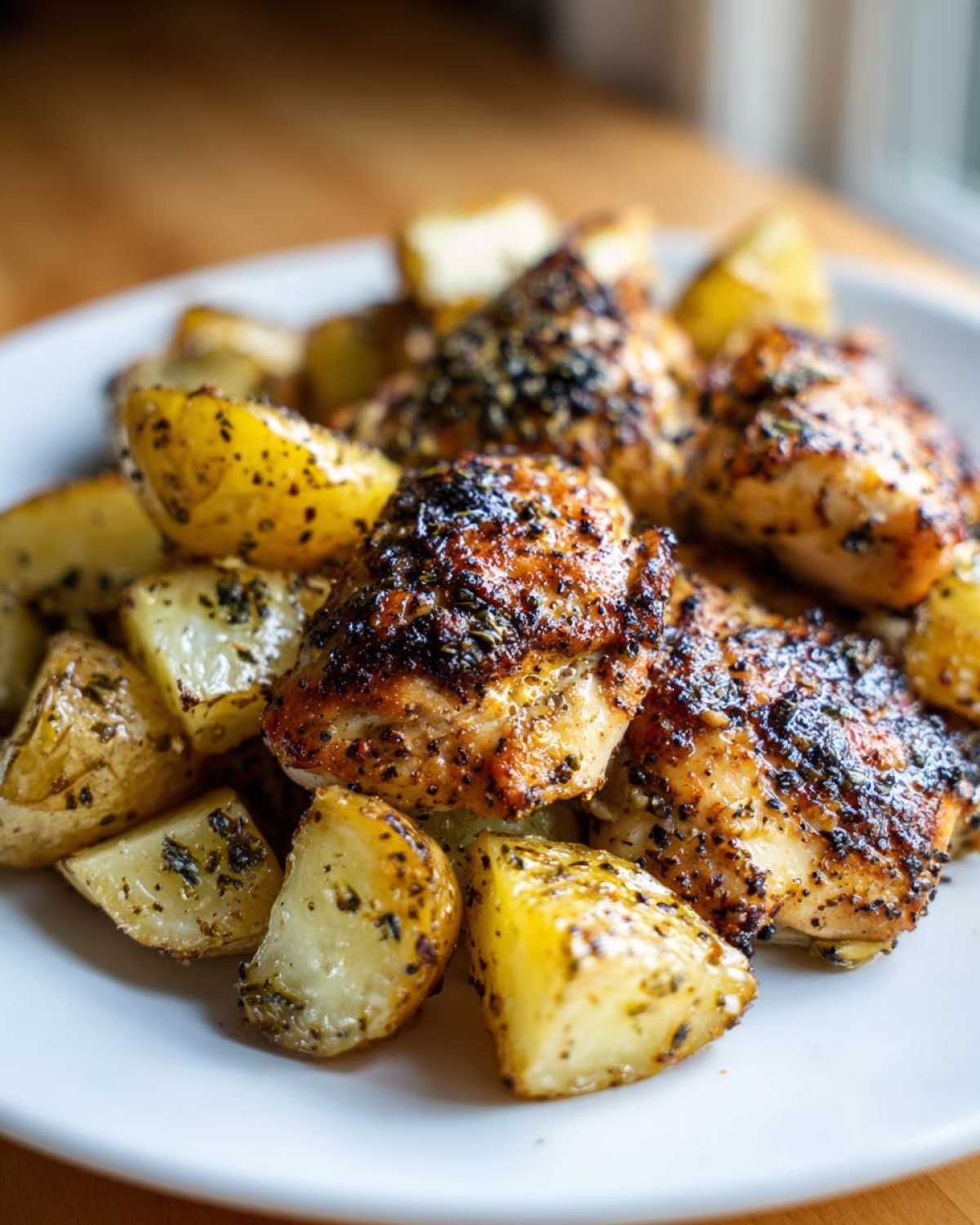 Close-up of perfectly roasted Sheet Pan Lemon Pepper Chicken and Potatoes on a white plate.