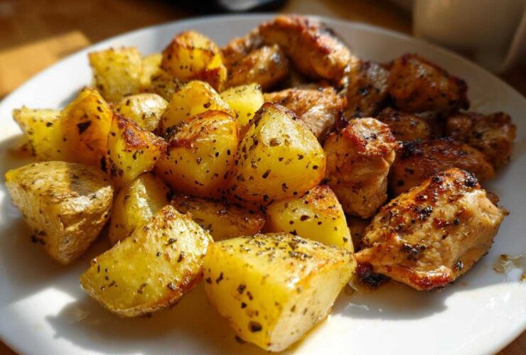 Close-up of golden roasted potatoes and seasoned chicken pieces from Sheet Pan Lemon Pepper Chicken and Potatoes.