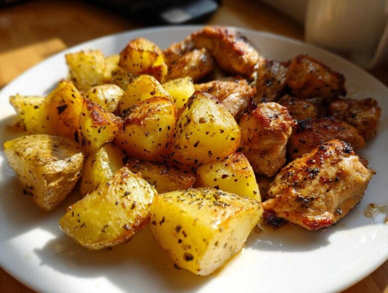 Close-up of golden roasted potatoes and seasoned chicken pieces from Sheet Pan Lemon Pepper Chicken and Potatoes.
