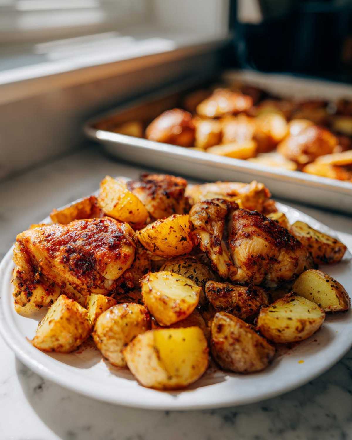 A white plate piled high with roasted chicken pieces and golden potatoes from the Sheet Pan Lemon Pepper Chicken and Potatoes recipe.