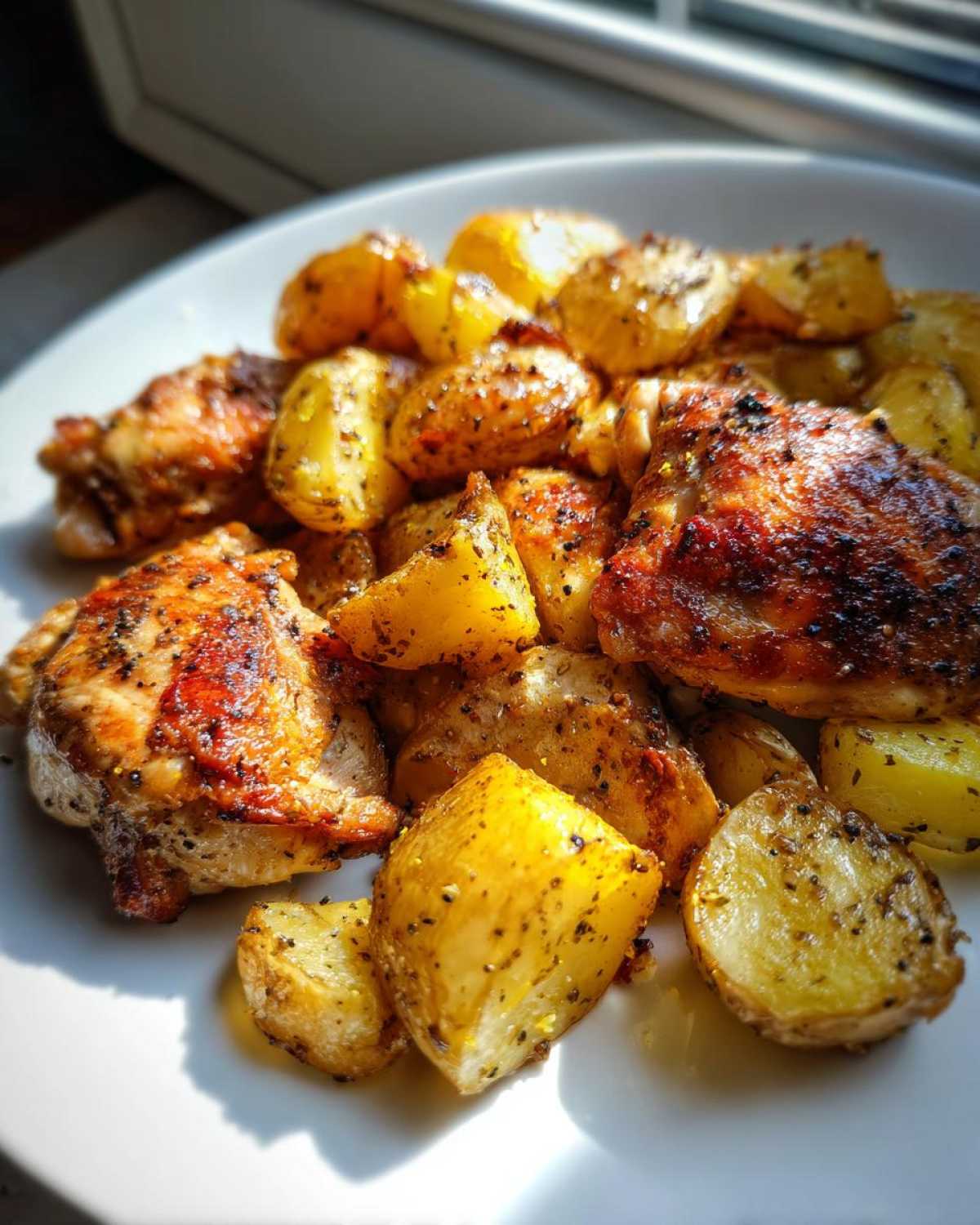 Close-up of golden brown Sheet Pan Lemon Pepper Chicken and Potatoes served on a white plate.