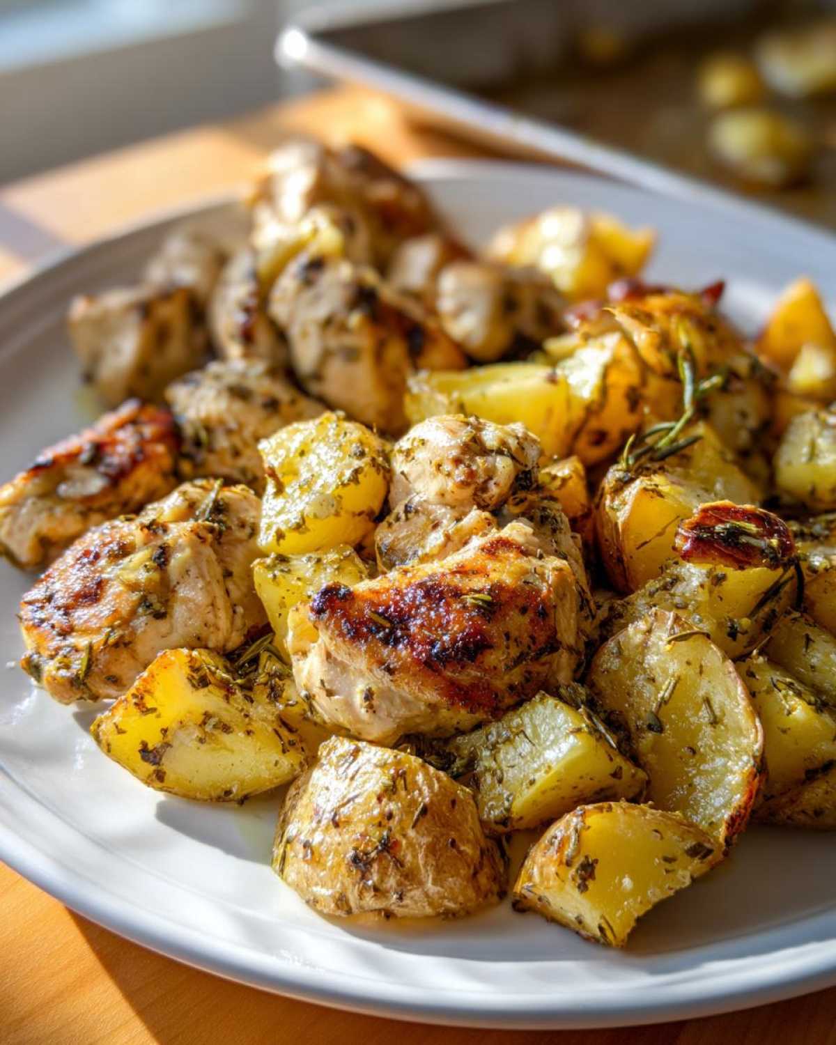 Close-up of golden brown Sheet Pan Lemon Pepper Chicken and Potatoes seasoned with herbs on a white plate.