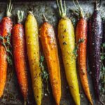 Close-up of glossy, roasted Sheet Pan Roasted Rainbow Carrots with Honey and fresh thyme sprigs.