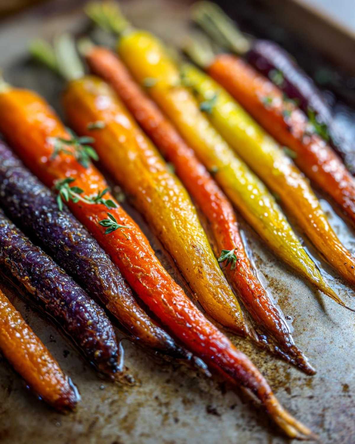 Close-up of glossy Sheet Pan Roasted Rainbow Carrots with Honey glistening on a baking sheet, garnished with thyme.