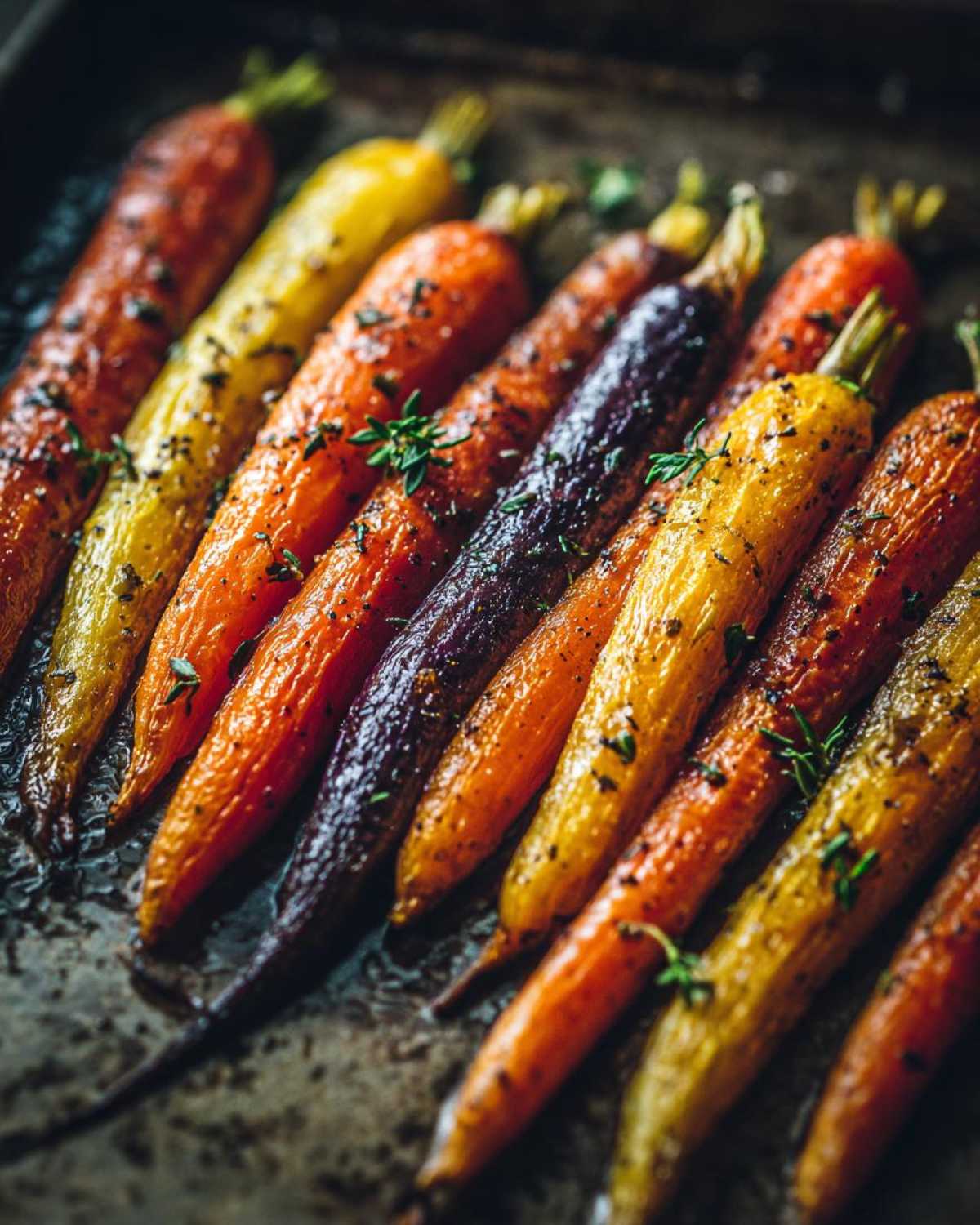 Close-up of glistening Sheet Pan Roasted Rainbow Carrots with Honey, seasoned with herbs on a dark baking sheet.