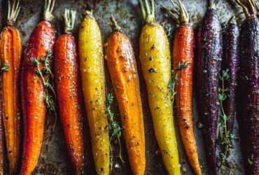 Close-up of glossy, roasted Sheet Pan Roasted Rainbow Carrots with Honey and fresh thyme sprigs.