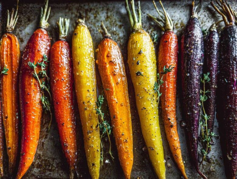 Close-up of glossy, roasted Sheet Pan Roasted Rainbow Carrots with Honey and fresh thyme sprigs.