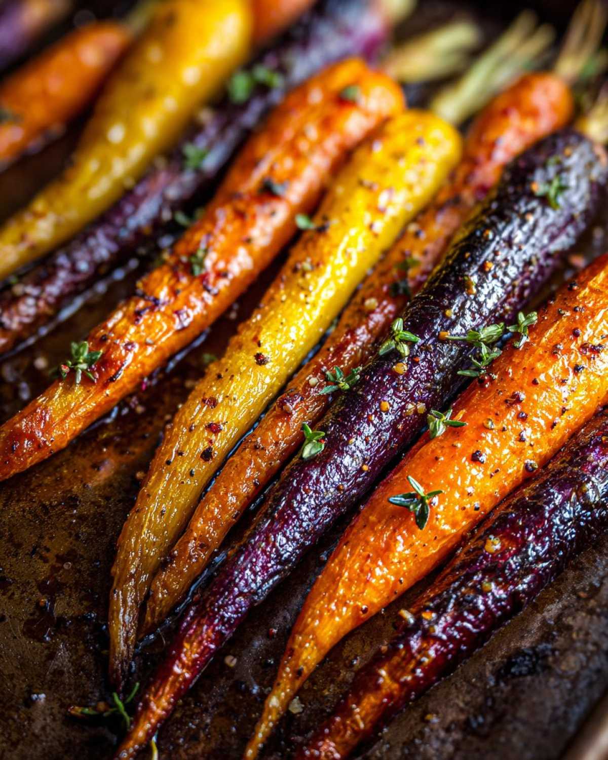 Close-up of glistening, roasted Sheet Pan Roasted Rainbow Carrots with Honey, garnished with thyme.