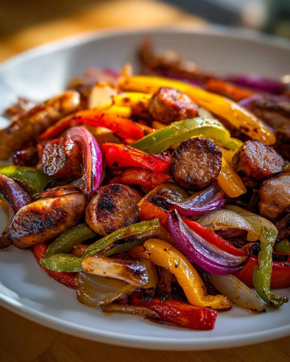 Close-up of perfectly roasted Sheet Pan Sausage and Peppers with colorful bell peppers and red onions.