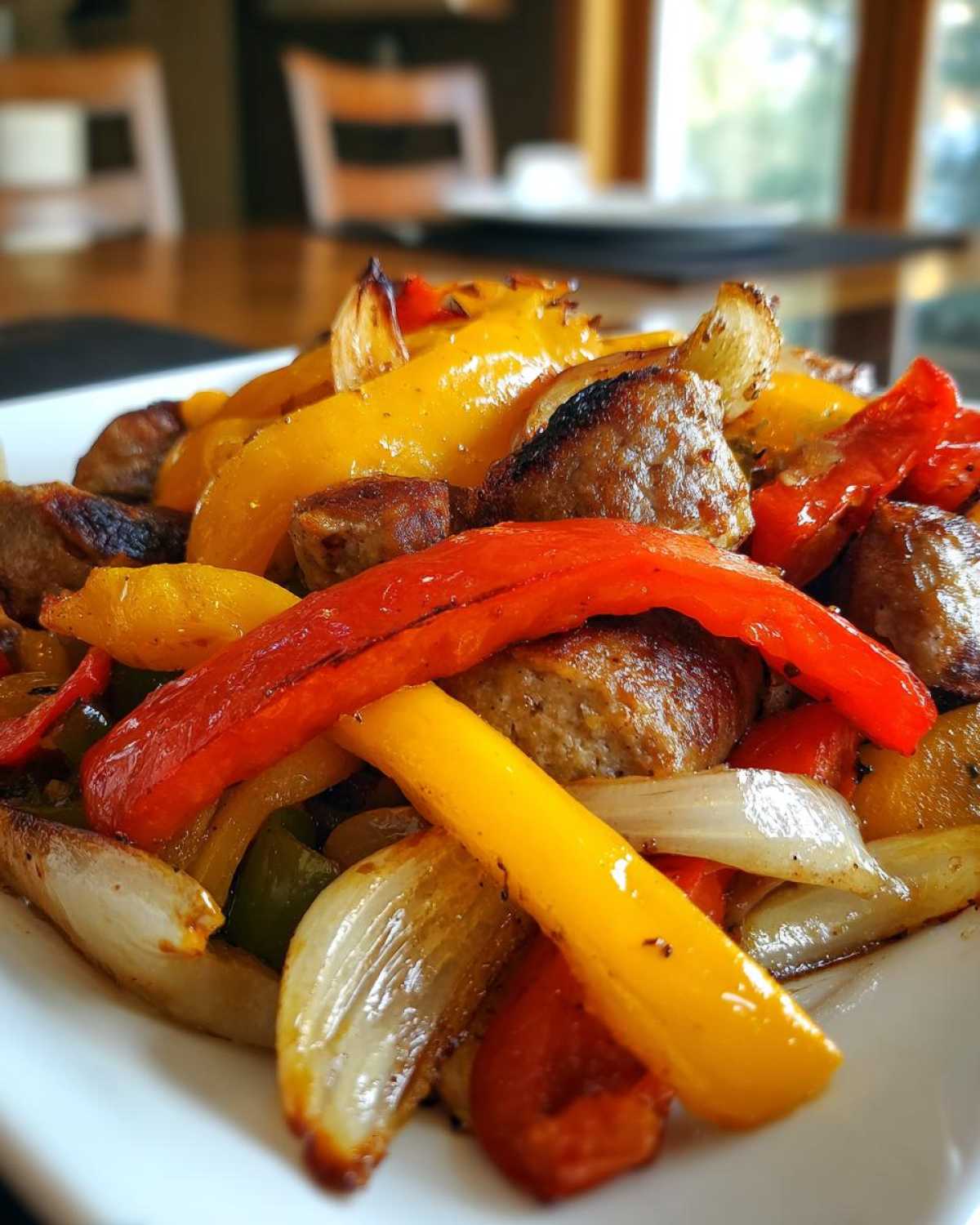 Close-up of roasted Sheet Pan Sausage and Peppers with caramelized onions and colorful bell peppers.