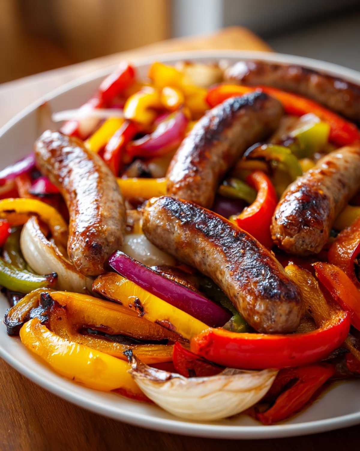 Close-up of perfectly browned sausages served with roasted red, yellow, and purple peppers and onions for Sheet Pan Sausage and Peppers.