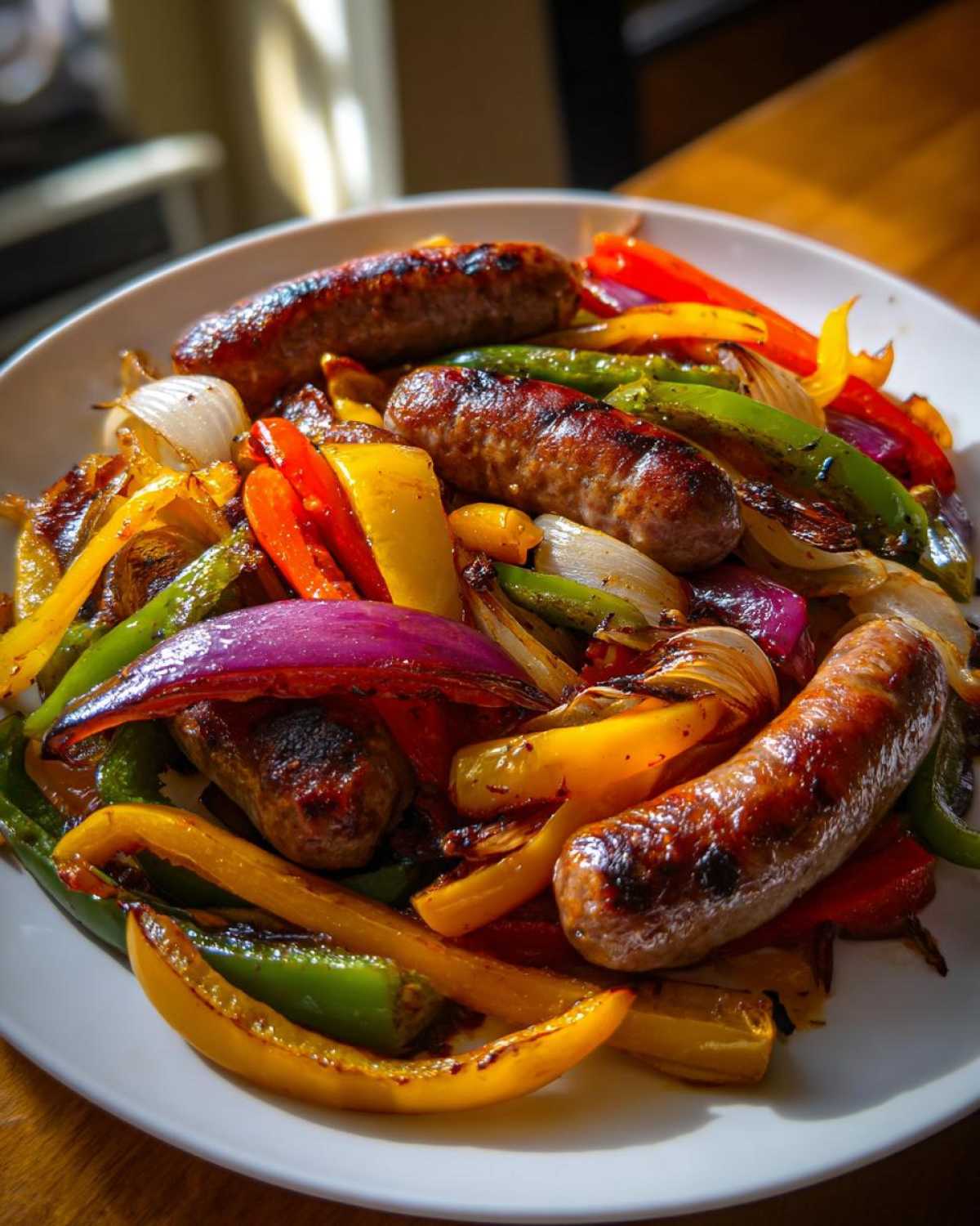 A white plate filled with grilled sausages and colorful roasted peppers and onions from Sheet Pan Sausage and Peppers.