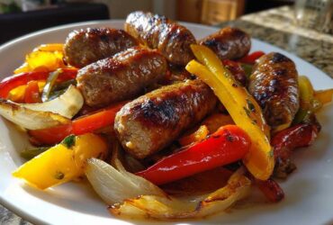 Close-up of grilled Italian sausage links served over colorful roasted peppers and onions, showcasing the Sheet Pan Sausage and Peppers recipe.