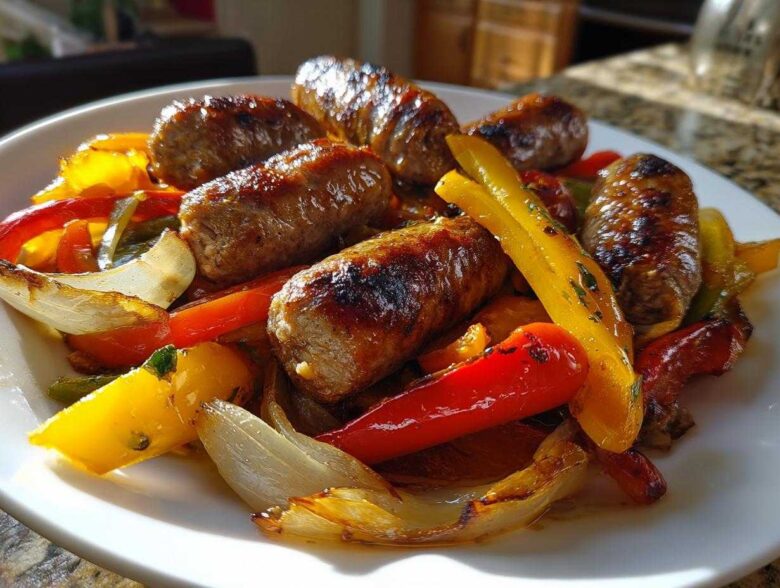 Close-up of grilled Italian sausage links served over colorful roasted peppers and onions, showcasing the Sheet Pan Sausage and Peppers recipe.