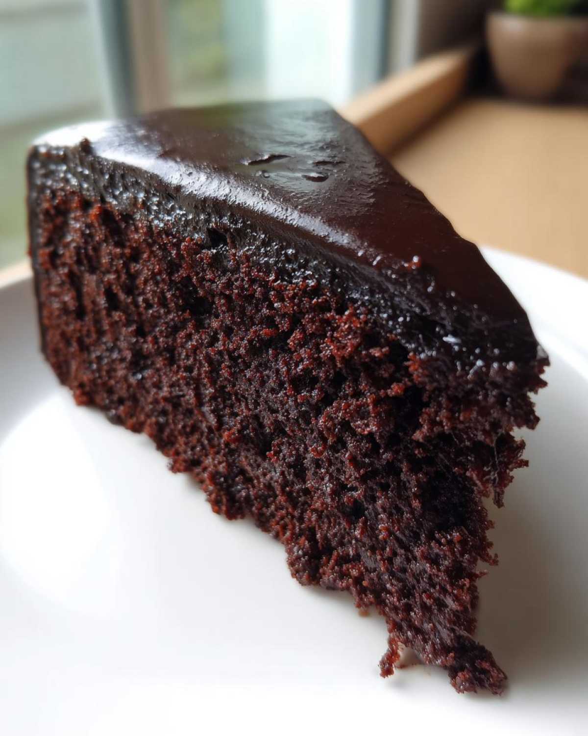 Close-up of a moist, dark slice of Gluten-Free Chocolate Cake topped with shiny chocolate ganache.