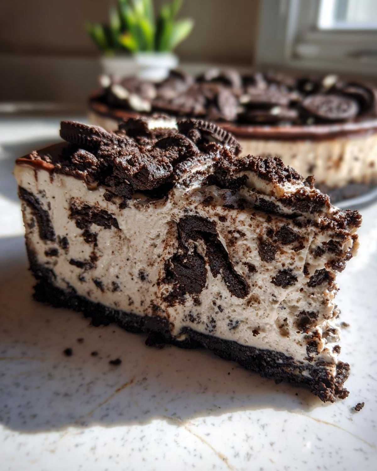 A close-up slice of rich No-Bake Oreo Cheesecake loaded with crushed cookies and a dark crust.