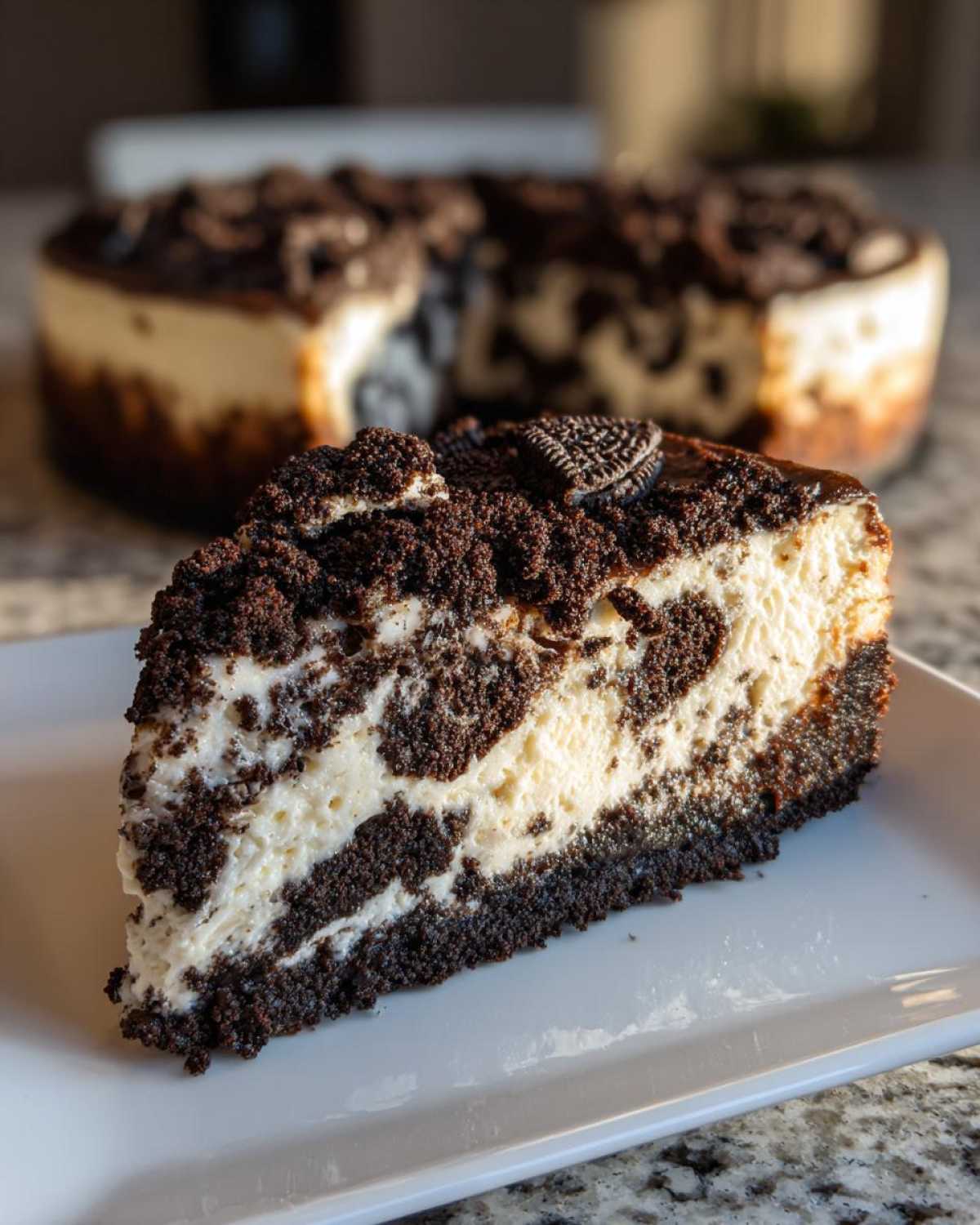 A generous slice of No-Bake Oreo Cheesecake with a creamy filling and dark chocolate cookie crust, topped with crumbs.