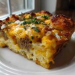 A thick slice of Tater Tot Breakfast Casserole featuring sausage, melted cheddar cheese, and parsley garnish on a white plate.