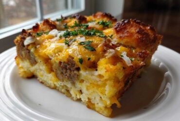 A thick slice of Tater Tot Breakfast Casserole featuring sausage, melted cheddar cheese, and parsley garnish on a white plate.