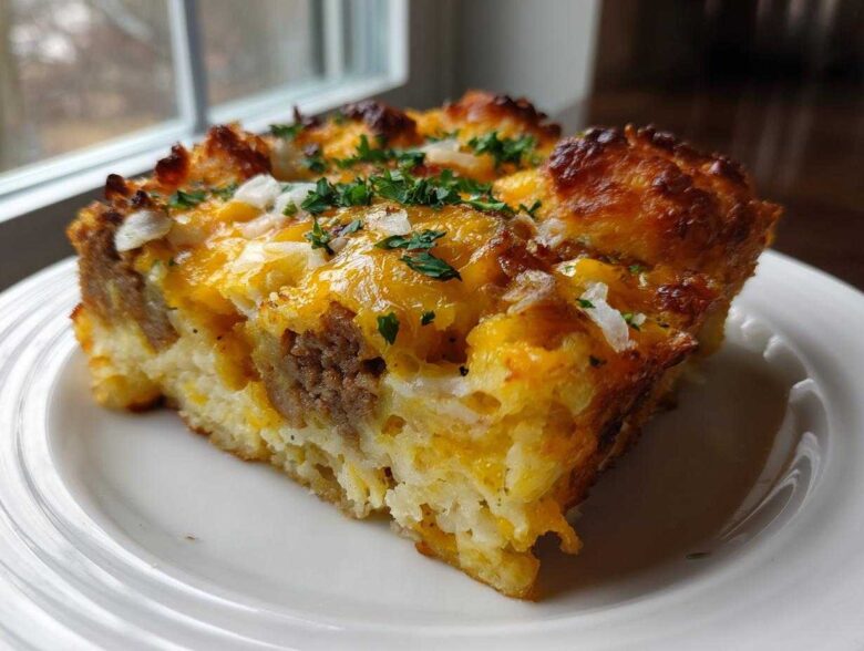 A thick slice of Tater Tot Breakfast Casserole featuring sausage, melted cheddar cheese, and parsley garnish on a white plate.