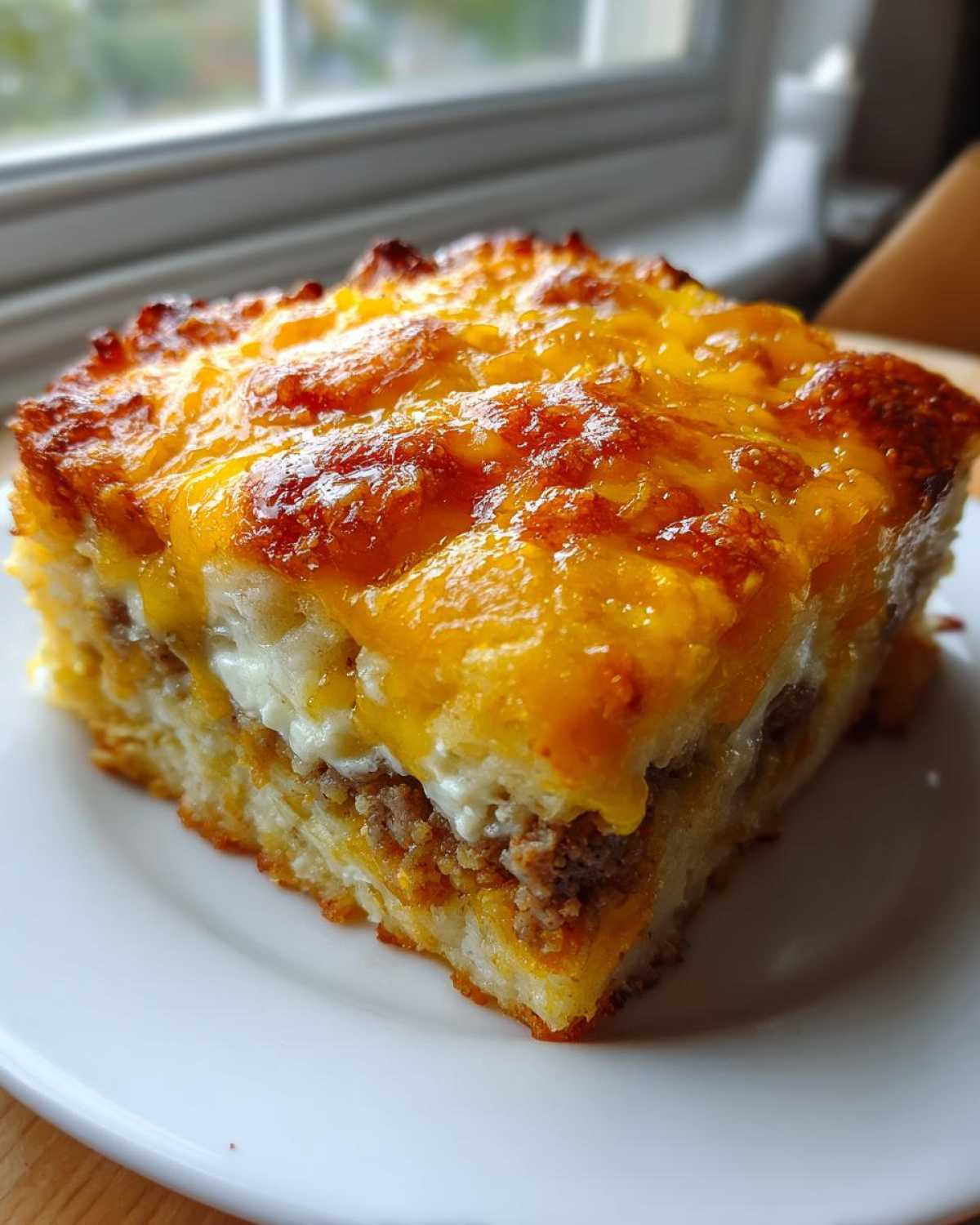 A square slice of Tater Tot Breakfast Casserole with a golden, melted cheese top, sitting on a white plate.