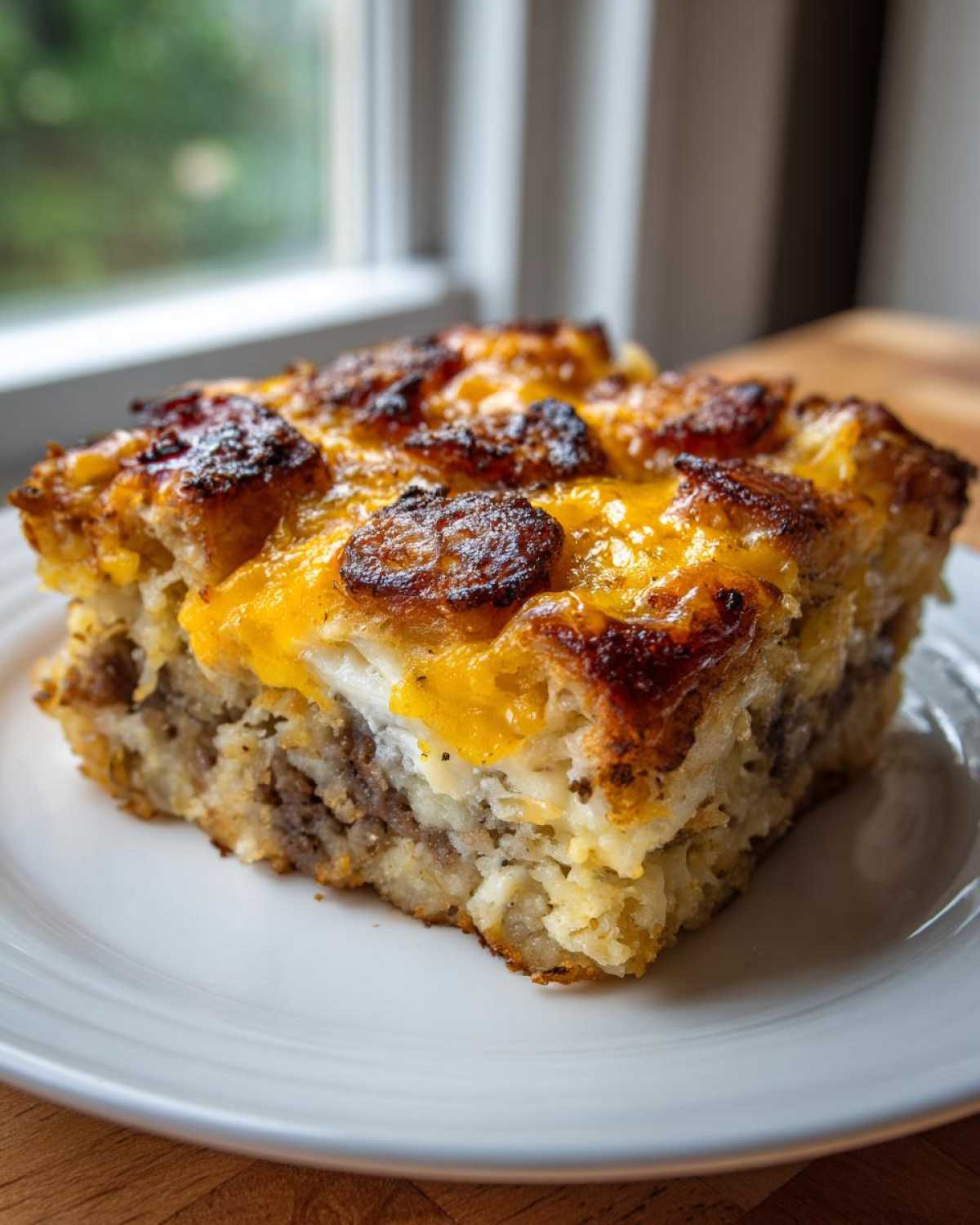 A close-up of a hearty slice of Tater Tot Breakfast Casserole featuring browned tater tots and melted cheddar cheese.