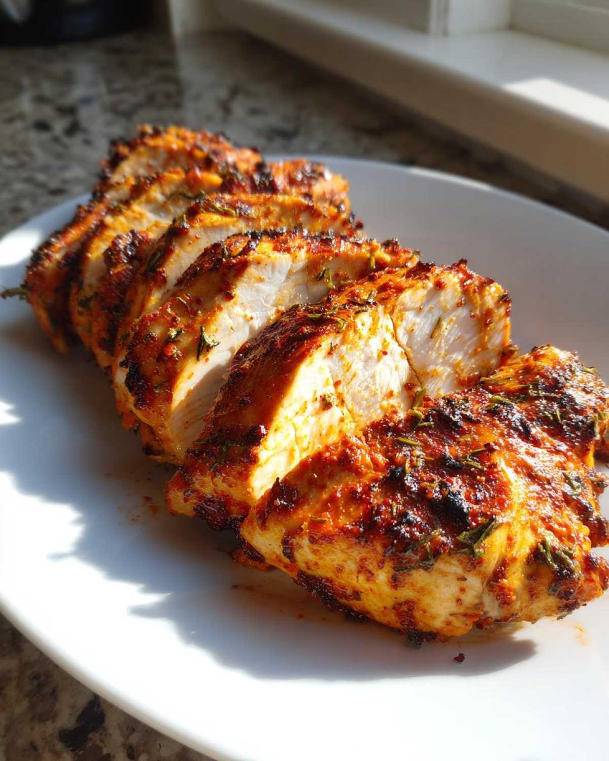 Slices of juicy Copycat Chipotle Chicken breast, seasoned with a rich red spice rub and herbs, resting on a white plate.