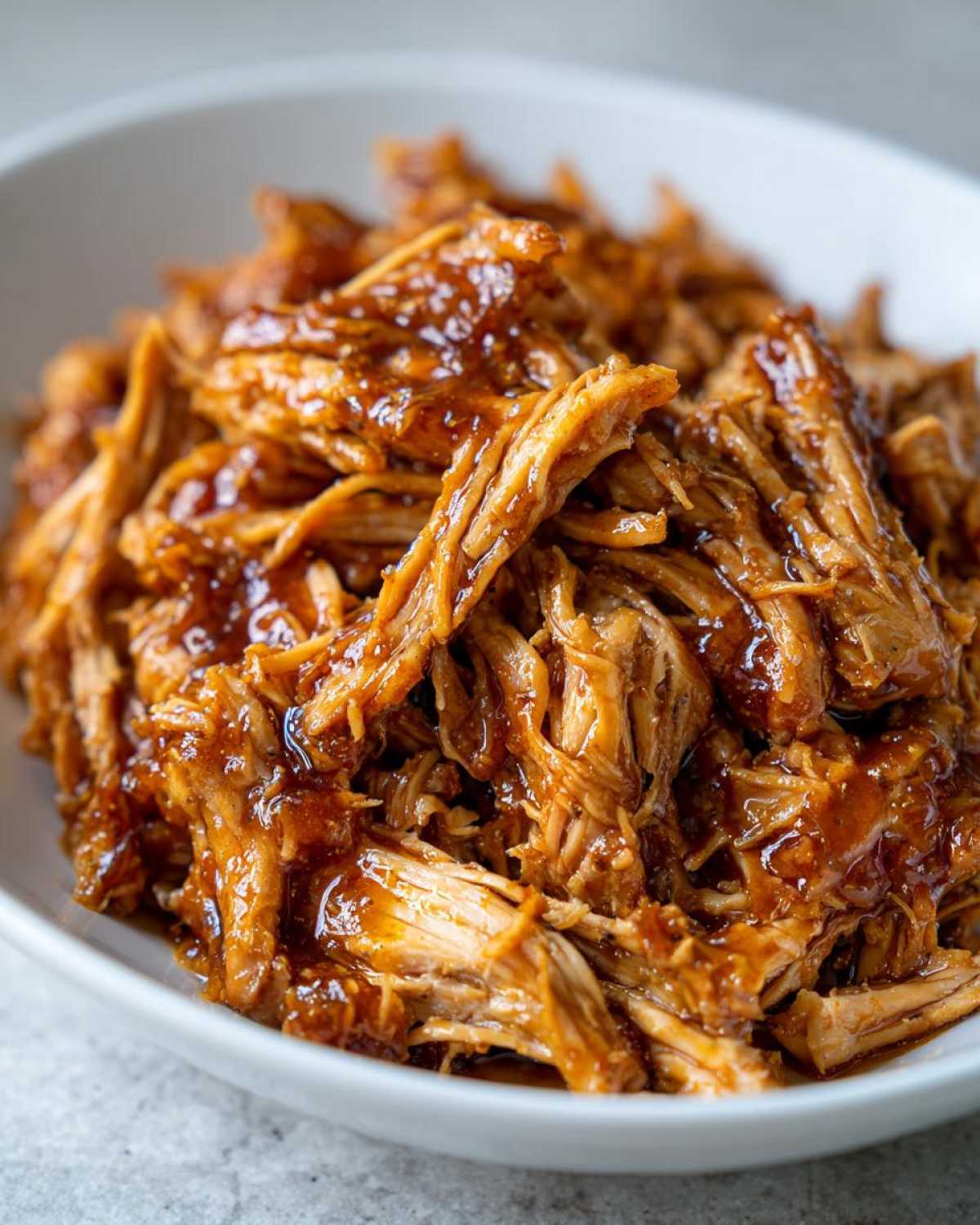 Close-up of tender, shredded Slow Cooker Honey Garlic Pulled Pork coated in a thick, glossy sauce.