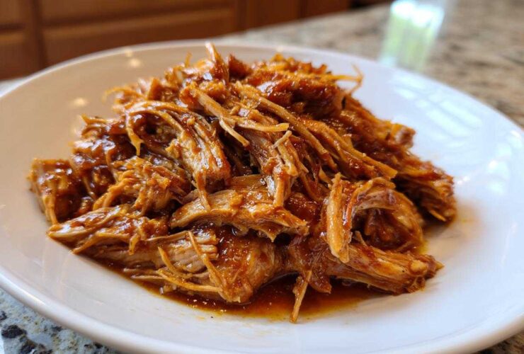 A close-up of shredded Slow Cooker Honey Garlic Pulled Pork coated in a glossy sauce on a white plate.