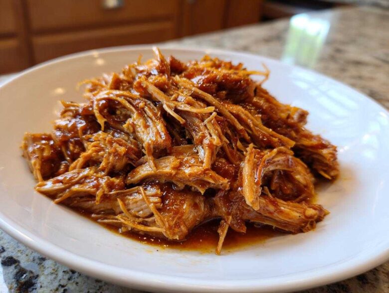 A close-up of shredded Slow Cooker Honey Garlic Pulled Pork coated in a glossy sauce on a white plate.